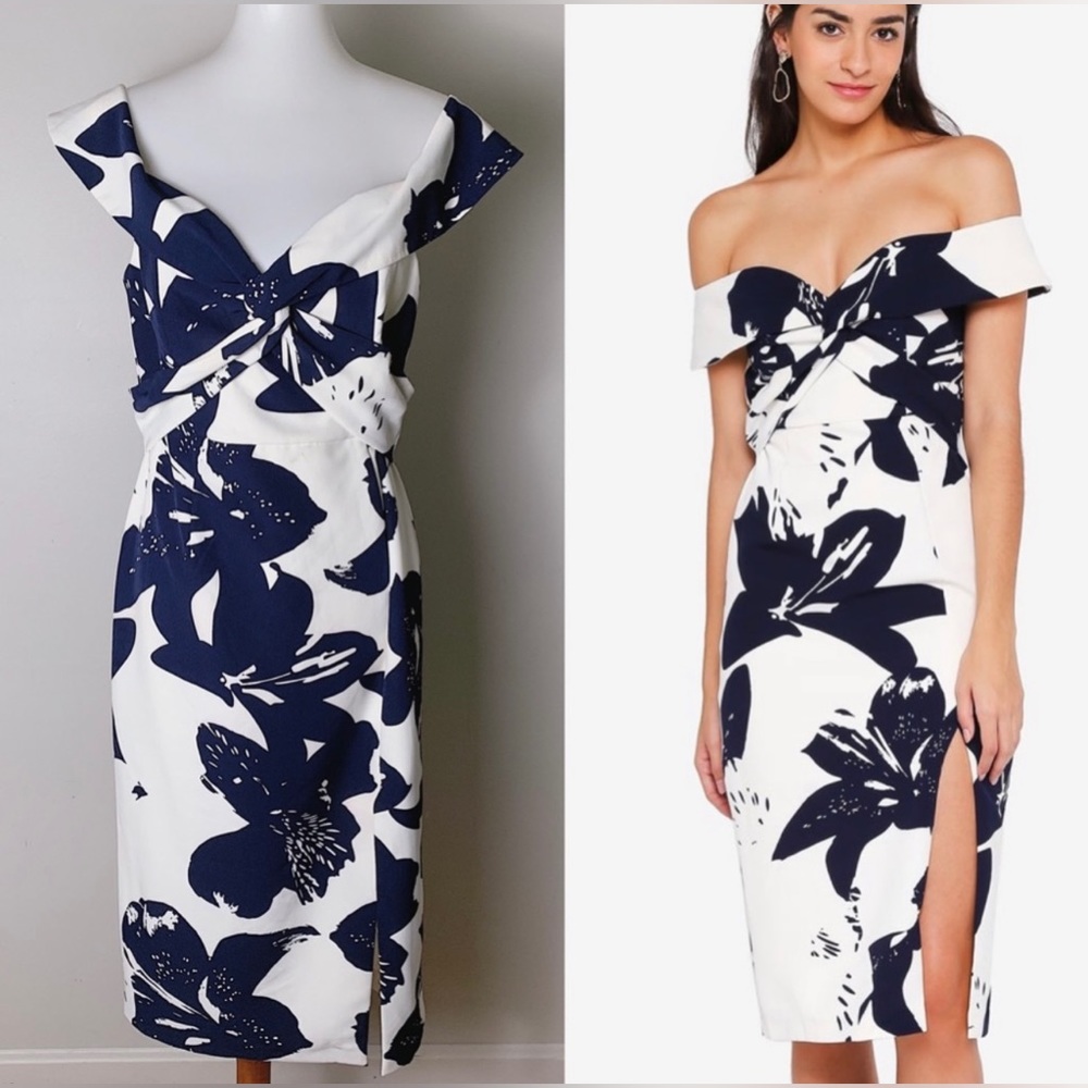 BARDOT BOTANICA OFF SHOULDER DRESS IN CMILLA NVY. Size: US6/Small Medium